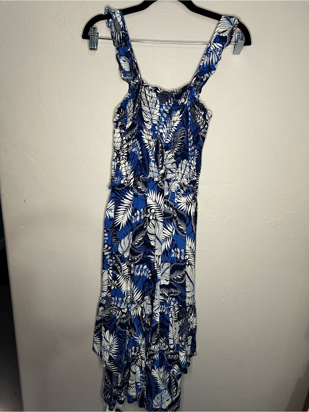 Superfoxx Blue Tropical Palm Leaf Tiered Ruffle Resort MIDI Dress - Picture 8 of 10